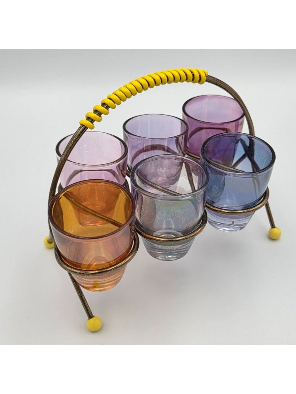 1950s Harlequin Shot Glass Set with Wire Holder Vintage MCM Barware